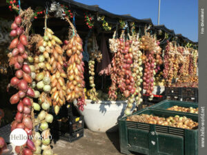 Die dritte Camino Portugues Etappe f&uuml;hrt uns vorbei an diesem Gem&uuml;sestand, der voll mit frischen Zwiebeln und Knoblauch h&auml;ngt.