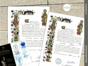 Das Bild zeigt die Compostela und den Pilgerpass, die Andrea und Nico nach ihrer Camino Portugues Tour erhalten haben.