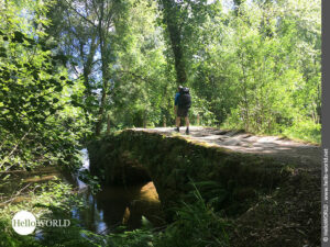 Beschaulicher Weg auf dem Camino Portugues Central Das Foto zeigt Nico auf einer alten steinernen Brücke über den Rio Louro laufen.