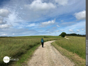 Hier sieht man Andrea die auf einem Feldweg entlang einer Wiese in der N&auml;he von Dumbria geht.