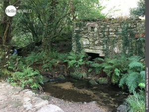 Hier sieht man ein altes verfallenes Steinh&auml;uschen im Wald am Ufer eines Baches.