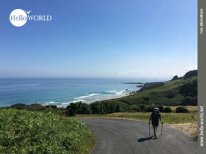 Das Bild zeigt eine Frau mit Rucksack die eine breite unbefestigte Stra&szlig;e entlang geht, rechts und links gr&uuml;n, hinter ihr der Atlantik und blauer Himmel.