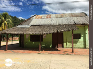 Das Bild aus Bolivien zeigt ein gepflegtes gr&uuml;nes Eckhaus in Rurrenabaque, dessen Dach mit Wellblech und Stroh bedeckt ist.