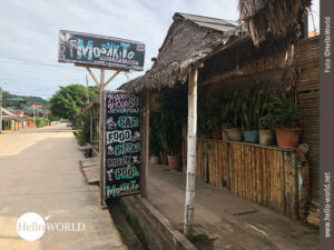 Das Bild zeigt ein Schild mit dem Schriftzug "Moskkito Jungle Bar" in Rurrenabaque, Bolivien, das am Eingang zur Bar steht.