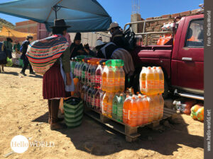 Das Bild zeigt eine Indigena in typischer, traditioneller Kleidung, die vor einem Stand mit Getr&auml;nkeflaschen in Tarabuco, Bolivien, steht.