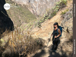 Dieses Bild vom Colca Canyon, Peru, zeigt Andrea auf einem Weg stehend, um sie herum das Gebirge mit karger Vegetation.