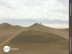 Perfekte Fernsicht auf den Dünen der Atacama-Wüste Dieses Bild zeigt eine spitz zulaufende Düne in der peruanischen Atacama-Wüste auf der ein Mensch steht und in die Ferne blickt.