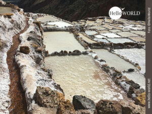 Riesige Salzwasserfarm: die Salinas de Maras in Peru Dieses Bild aus Peru zeigt den Blick auf die Salina de Maras, oben ein kleiner Wasserkanal, darunter terrassenförmig die Becken angeordnet