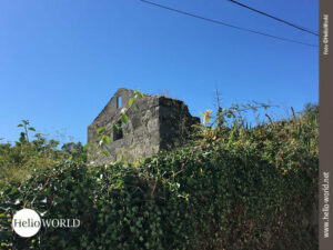 Auf dem Camino Portugues sieht man dieses zerfallene Geb&auml;ude, das vor strahlend blauem Himmel und von viel Gr&uuml;n umgeben fast schon idyllisch wirkt.